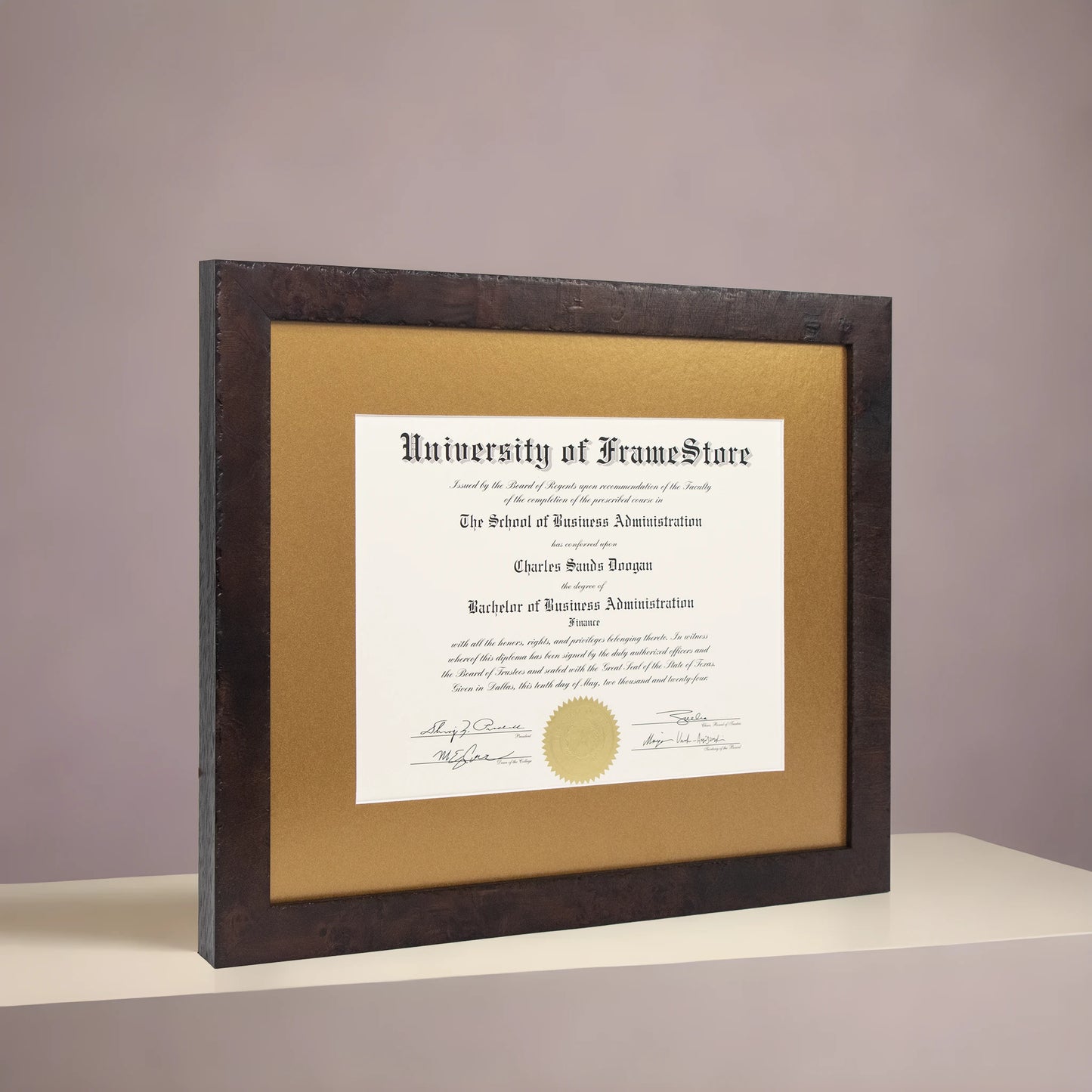 Modern Coffee Diploma Frame - Gold Matboard - Angled Perspective for Depth