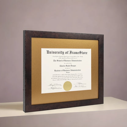 Modern Coffee Diploma Frame - Gold Matboard - Angled Perspective for Depth
