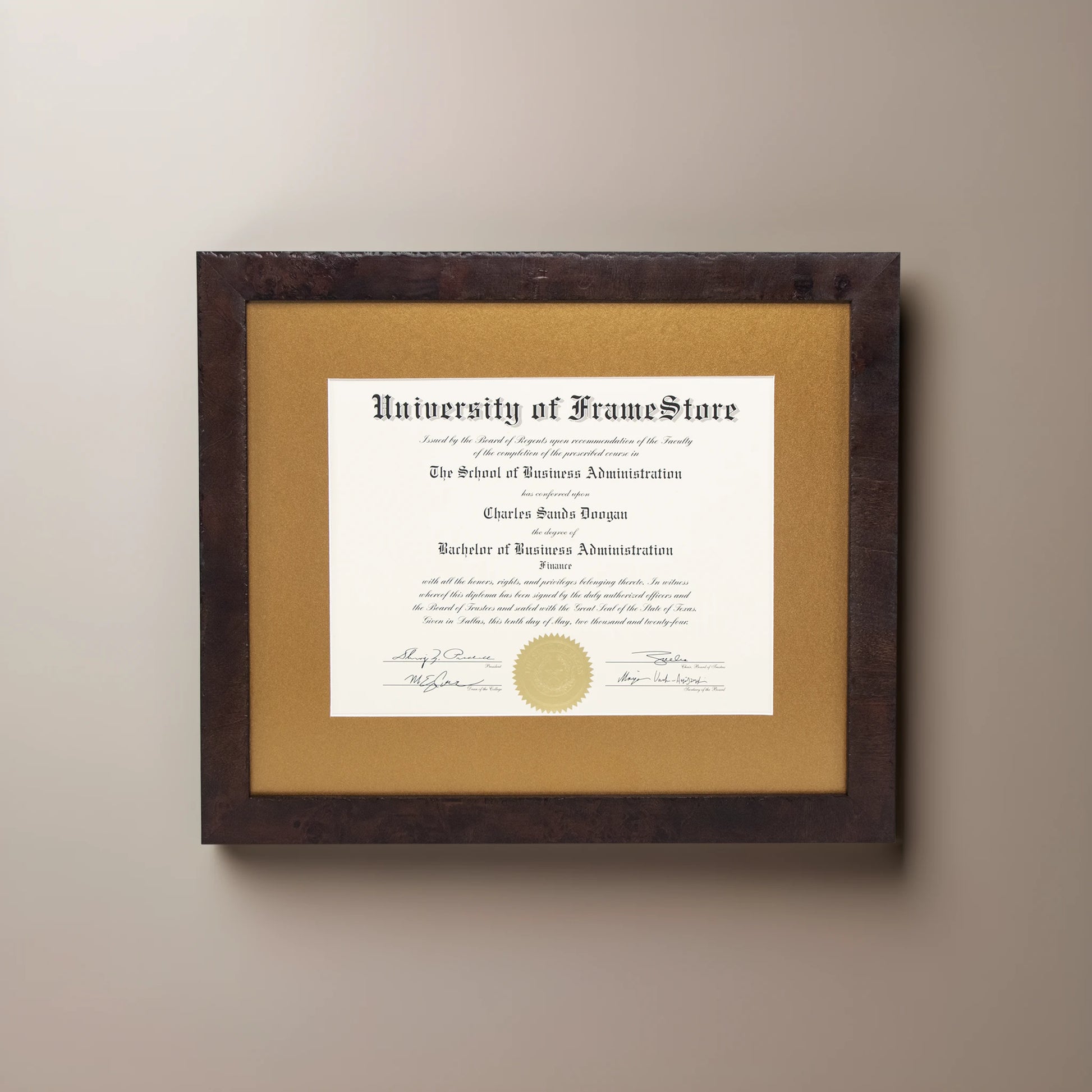 Modern Coffee Diploma Frame - Gold Matboard - Straight-On Display