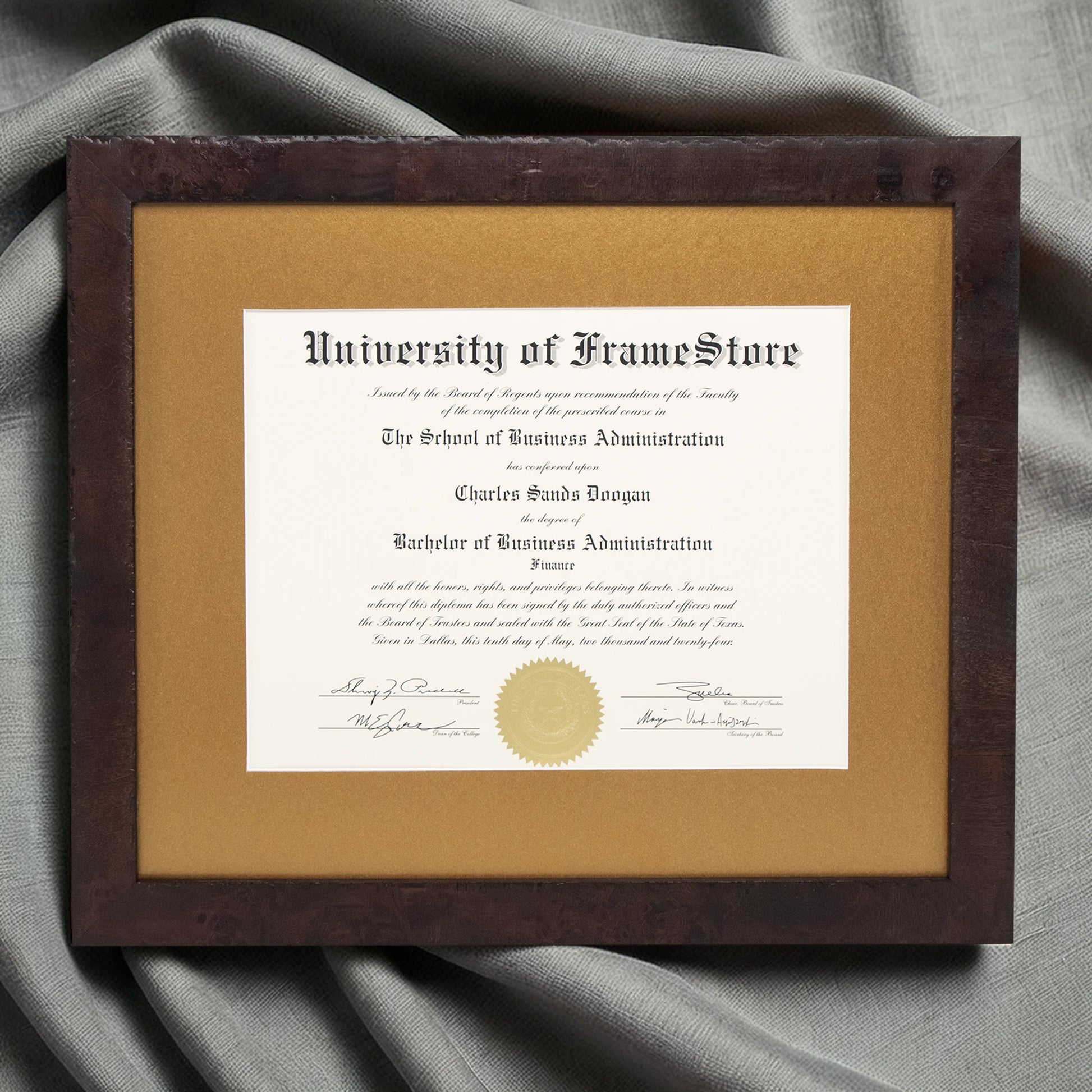 Modern Coffee Diploma Frame - Gold Matboard - Luxurious Finish Against Soft Fabric