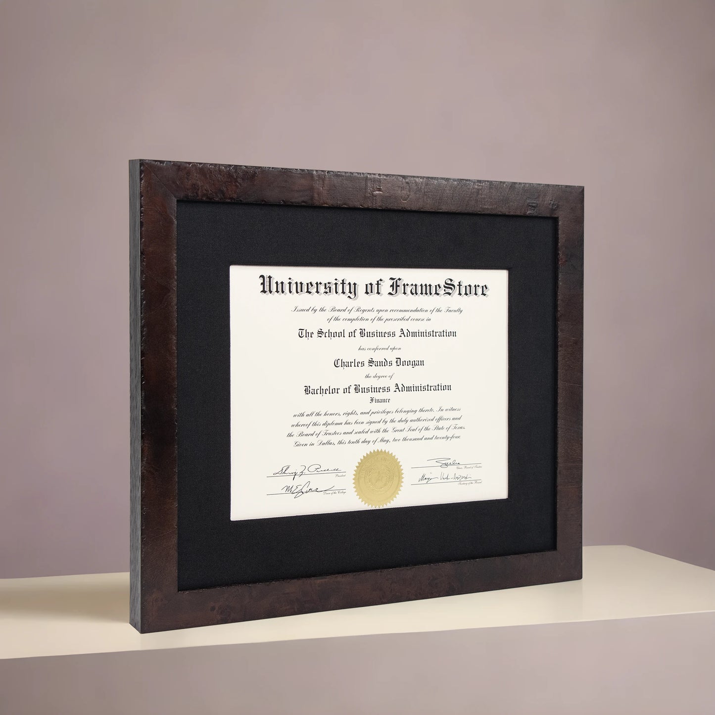 Modern Coffee Diploma Frame - Black Cotton Matboard - Angled Perspective for Depth