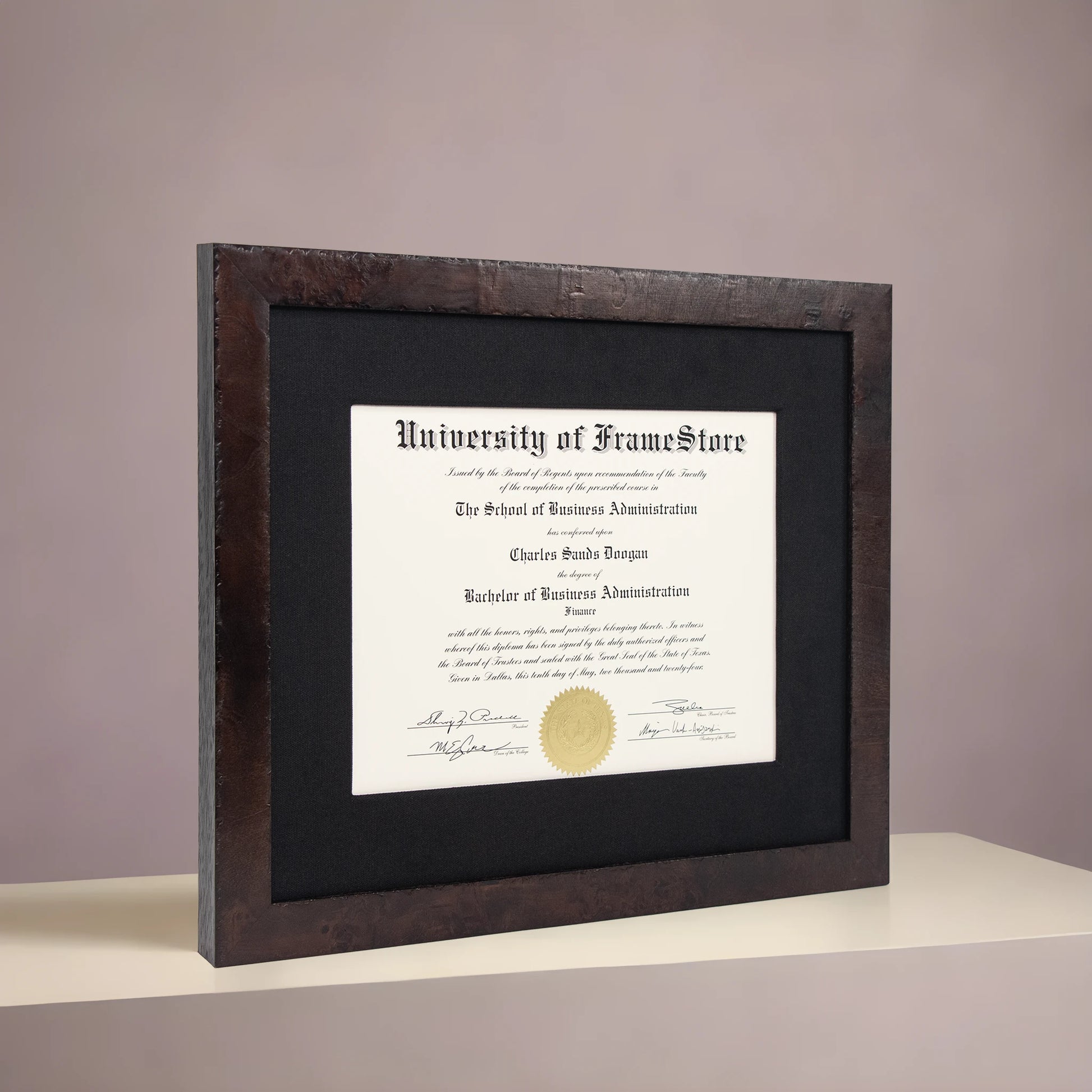 Modern Coffee Diploma Frame - Black Cotton Matboard - Angled Perspective for Depth