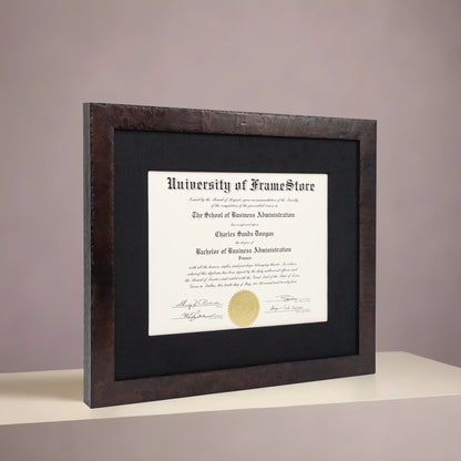 Modern Coffee Diploma Frame - Black Cotton Matboard - Angled Perspective for Depth