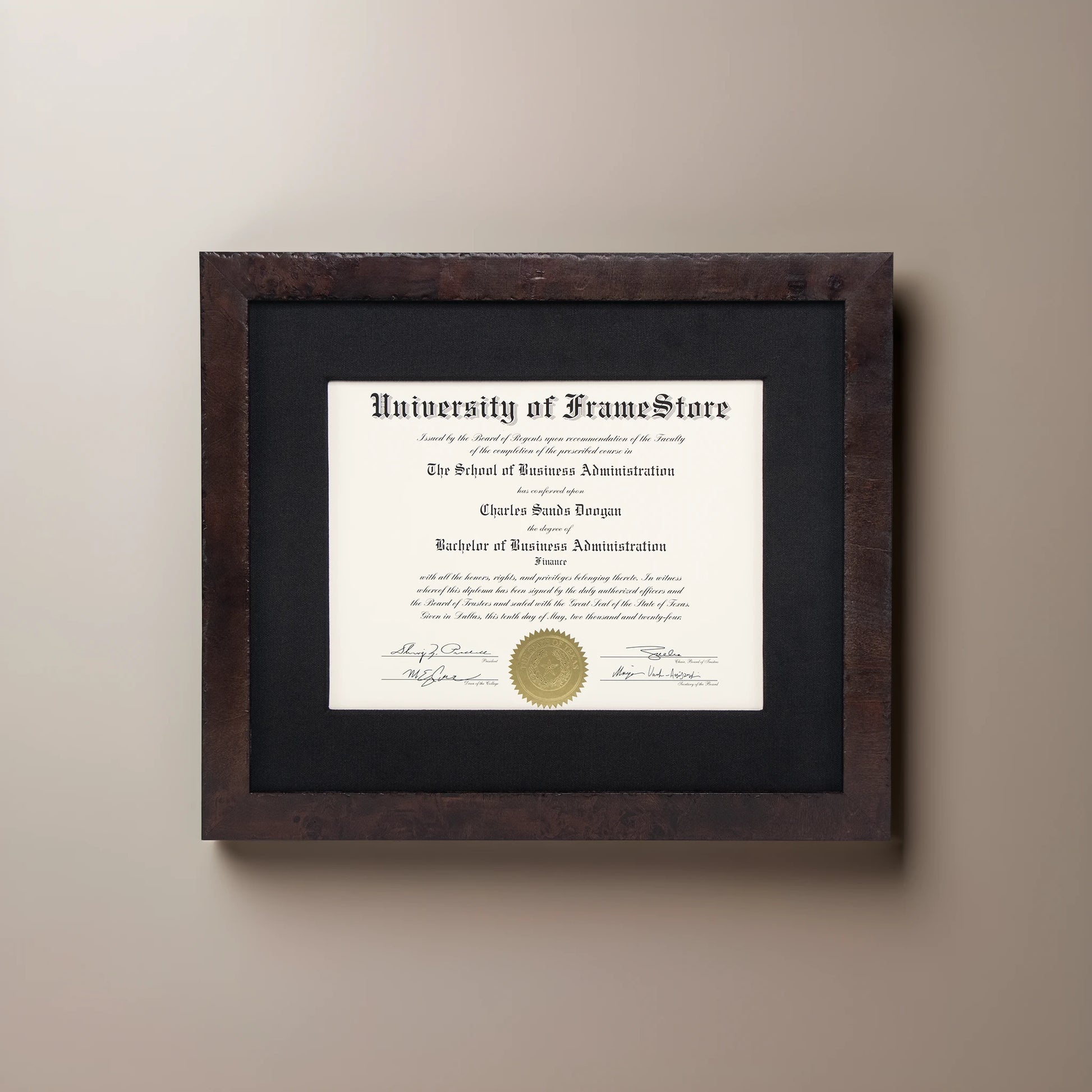 Modern Coffee Diploma Frame - Black Cotton Matboard - Straight-On Display