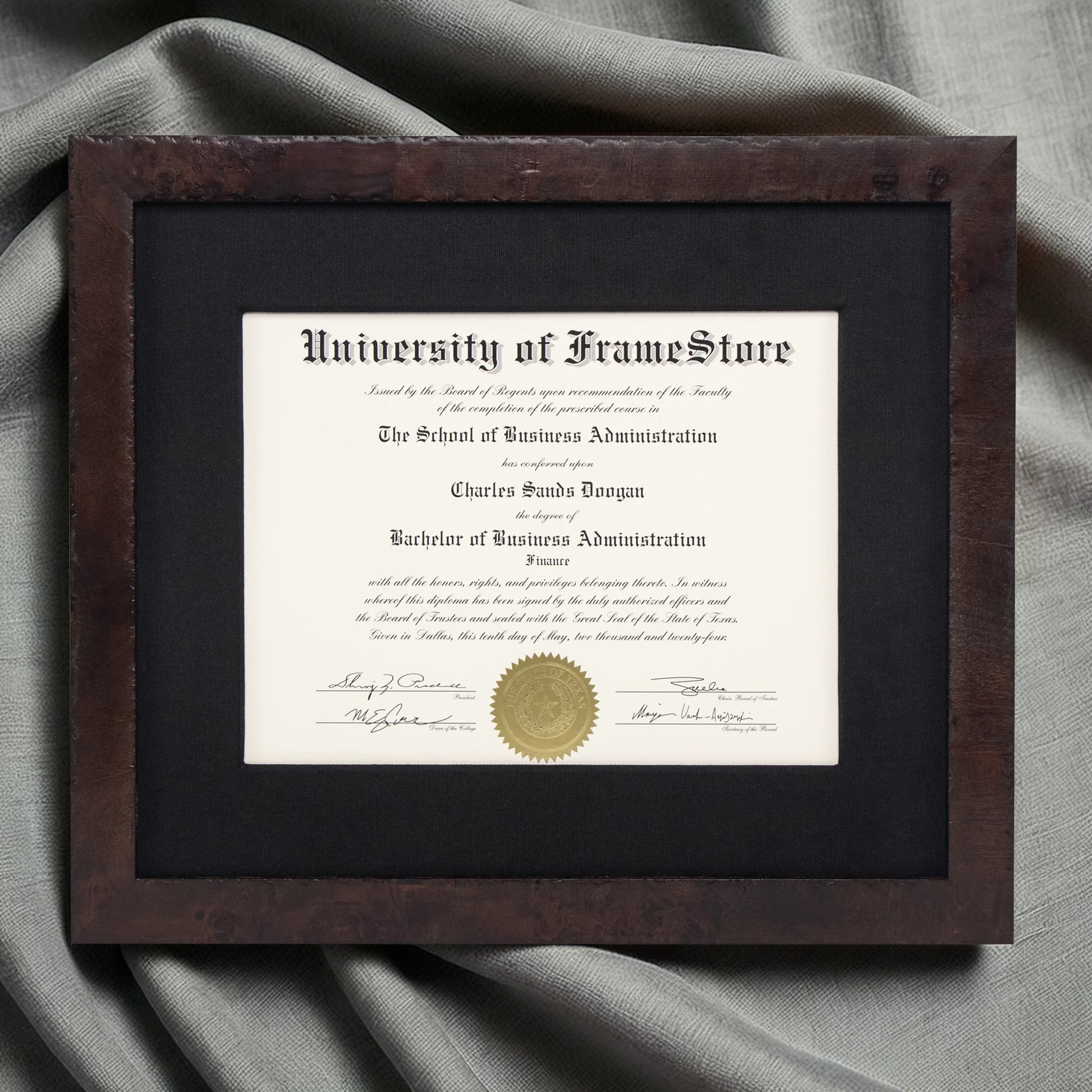 Modern Coffee Diploma Frame - Black Cotton Matboard - Luxurious Finish Against Soft Fabric