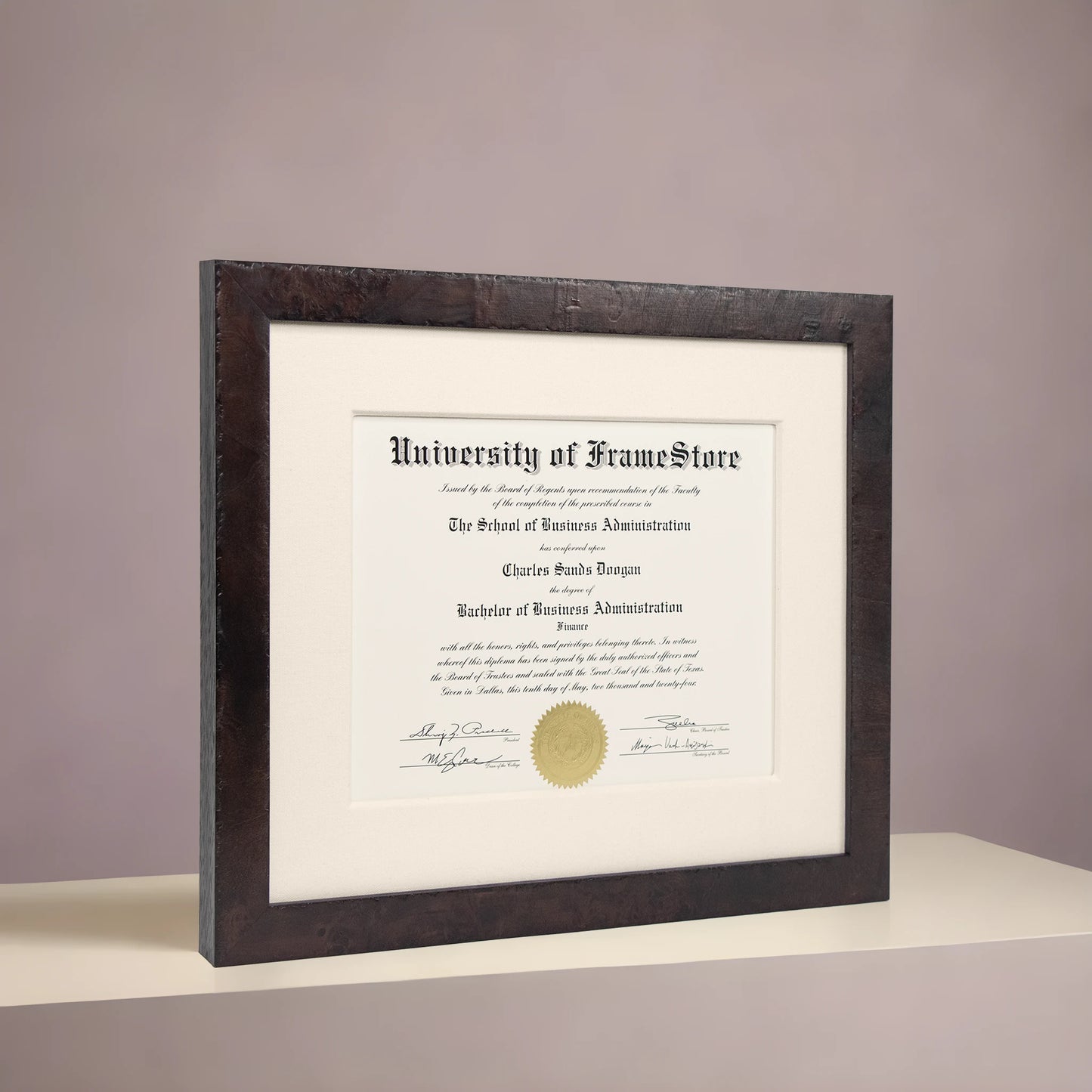 Modern Coffee Diploma Frame - Off-White Cotton Matboard - Angled Perspective for Depth