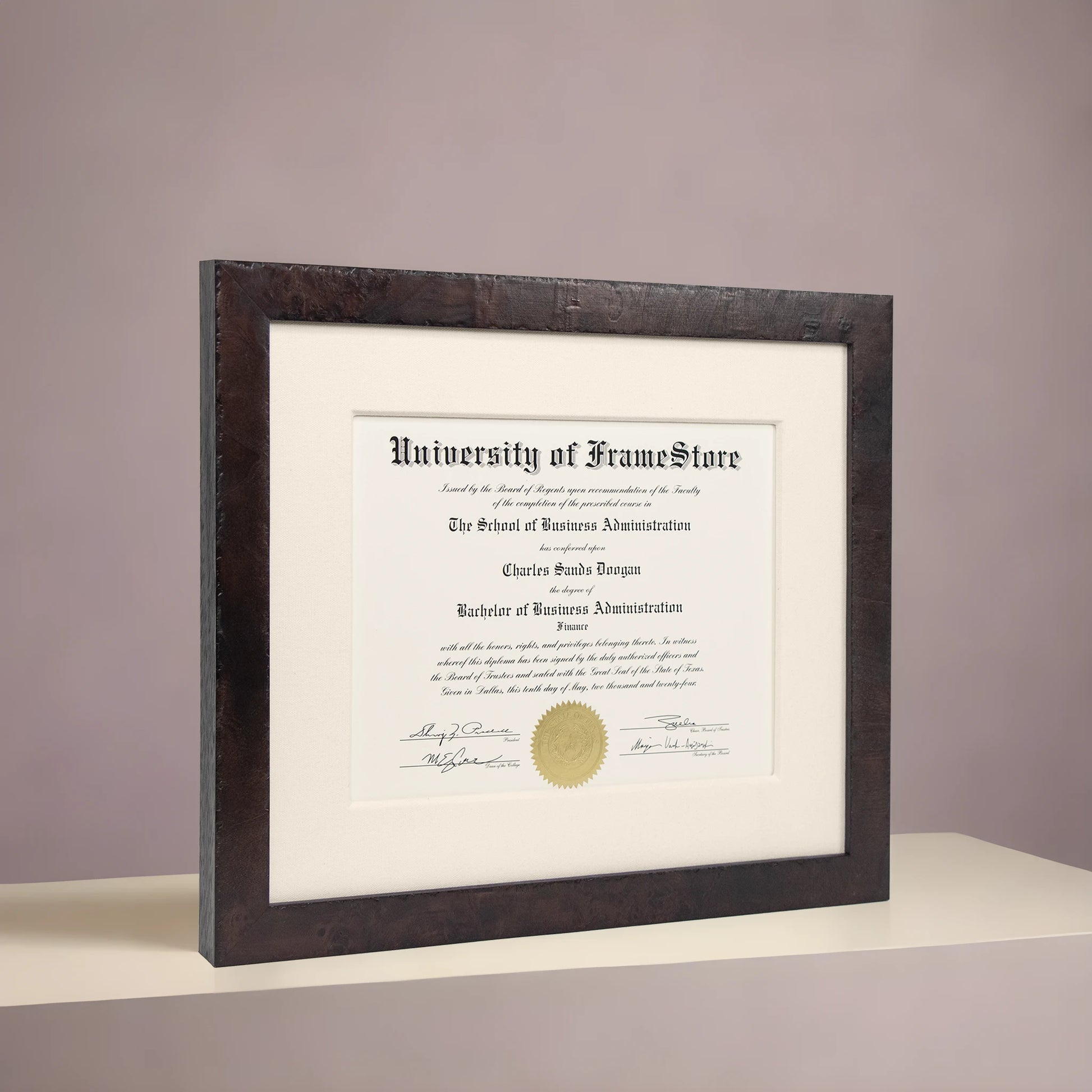 Modern Coffee Diploma Frame - Off-White Cotton Matboard - Angled Perspective for Depth