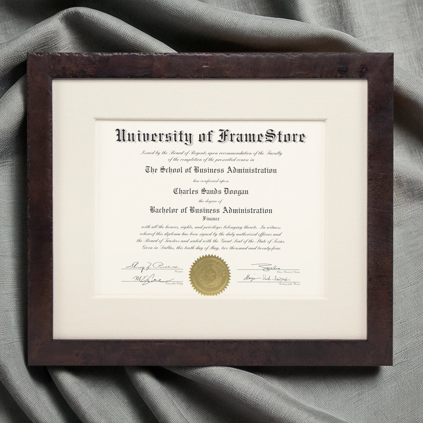 Modern Coffee Diploma Frame - Off-White Cotton Matboard - Luxurious Finish Against Soft Fabric