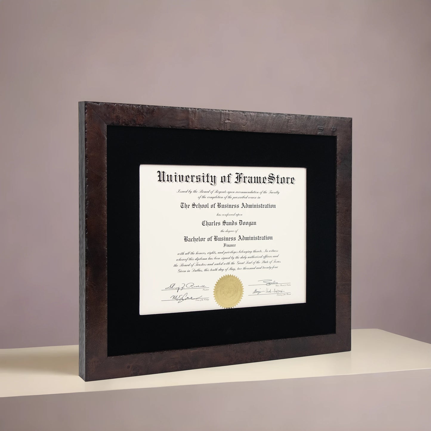Modern Coffee Diploma Frame - Black Velvet Matboard - Angled Perspective for Depth