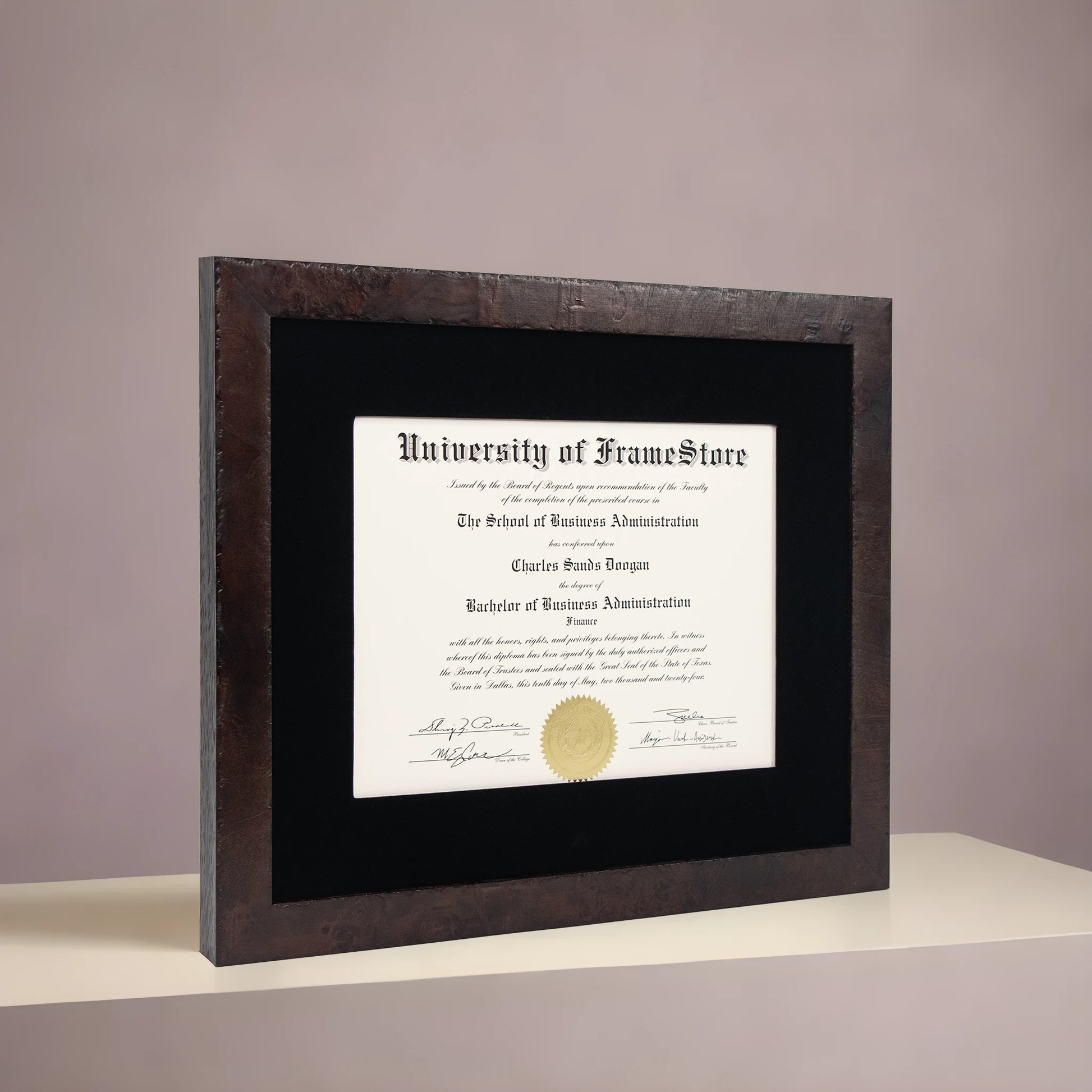 Modern Coffee Diploma Frame - Black Velvet Matboard - Angled Perspective for Depth