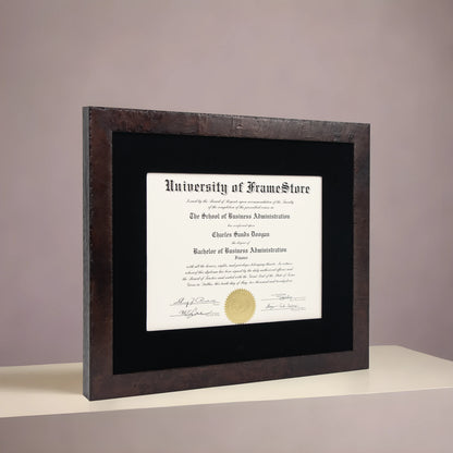 Modern Coffee Diploma Frame - Black Velvet Matboard - Angled Perspective for Depth