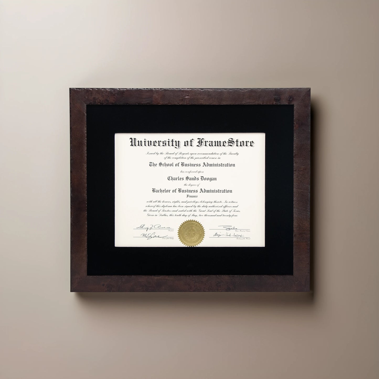 Modern Coffee Diploma Frame - Black Velvet Matboard - Straight-On Display