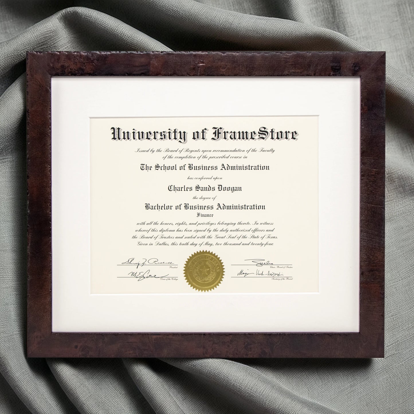 Modern Coffee Diploma Frame - Off-White Matboard - Luxurious Finish Against Soft Fabric