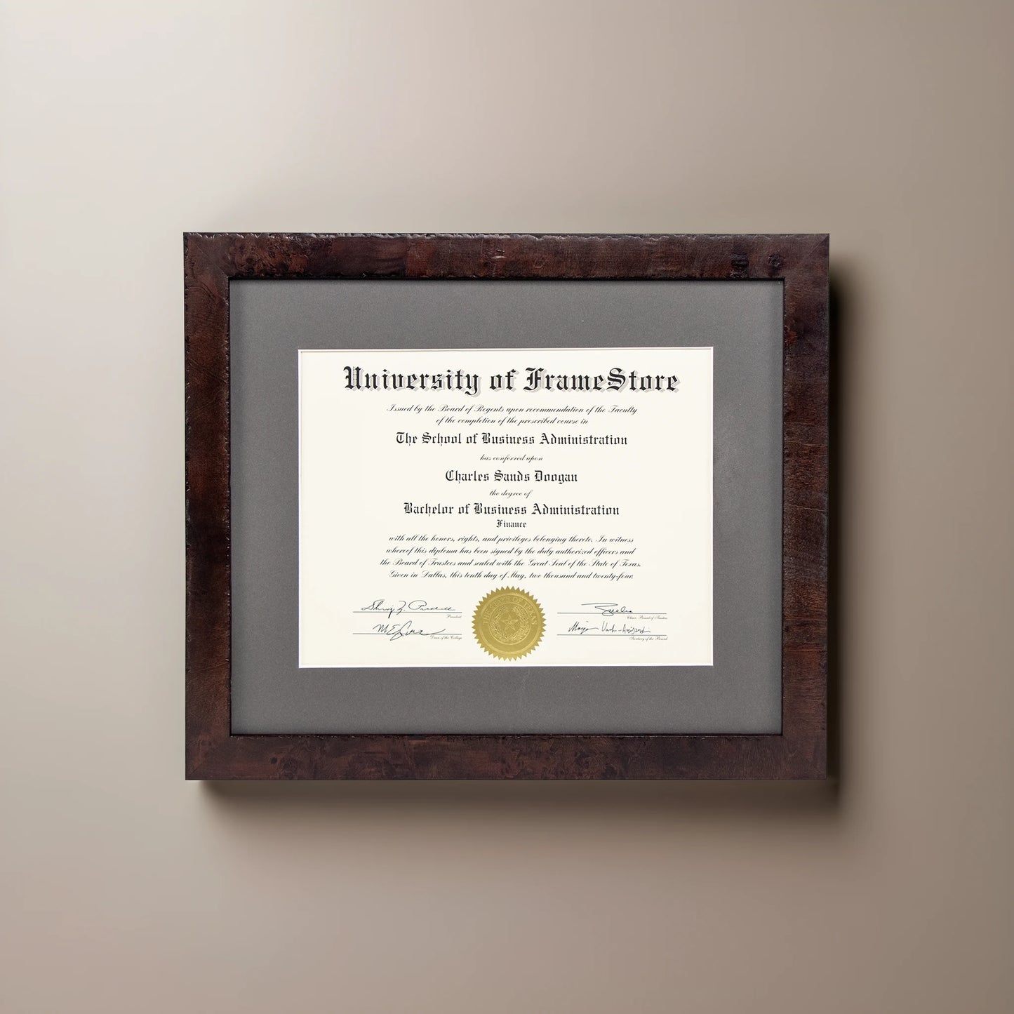 Modern Coffee Diploma Frame - Gray Matboard - Straight-On Display